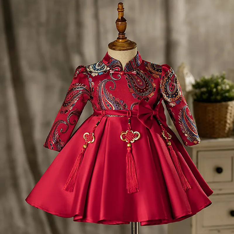 

Kids Girls Princess Dresses 2023 Red Chinese Style Wedding Elegant Party Costumes From 4-12 Years Toddler Brithday Formal Dress