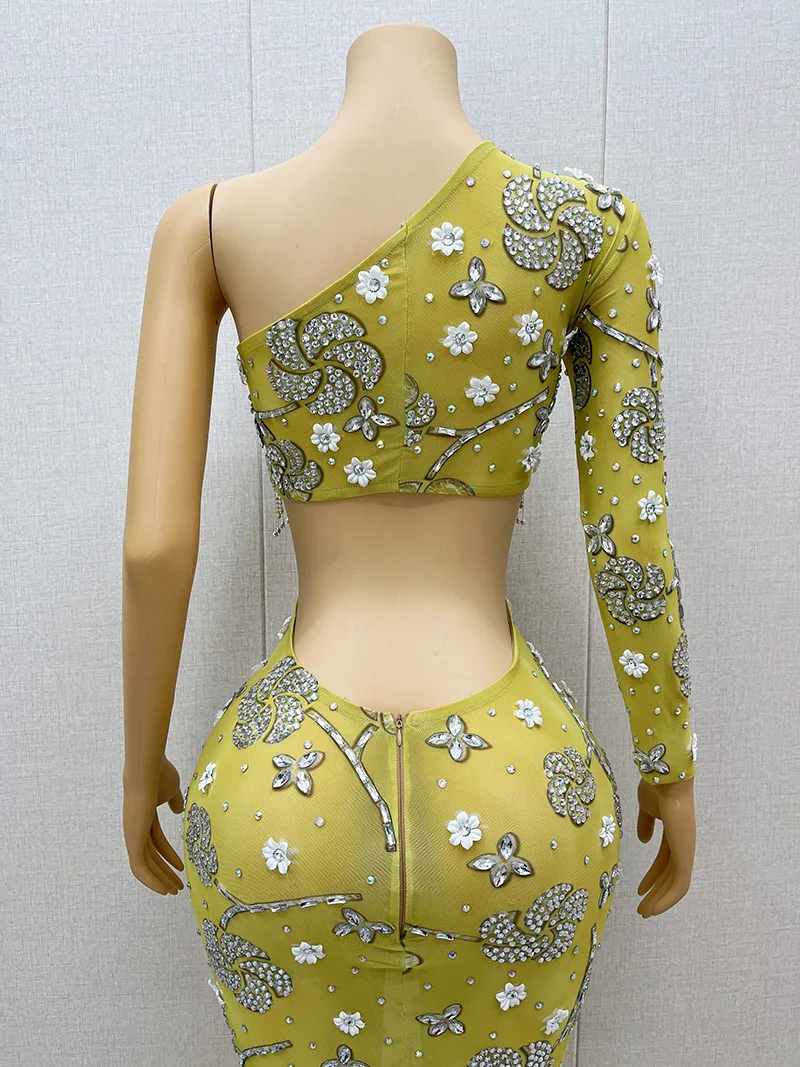 Summer Shoulder Long Sleeves Sexy Temperament Evening Dress Waist Design Sense Singer Performance Clothes Star Red Carpet 스팽글드레스