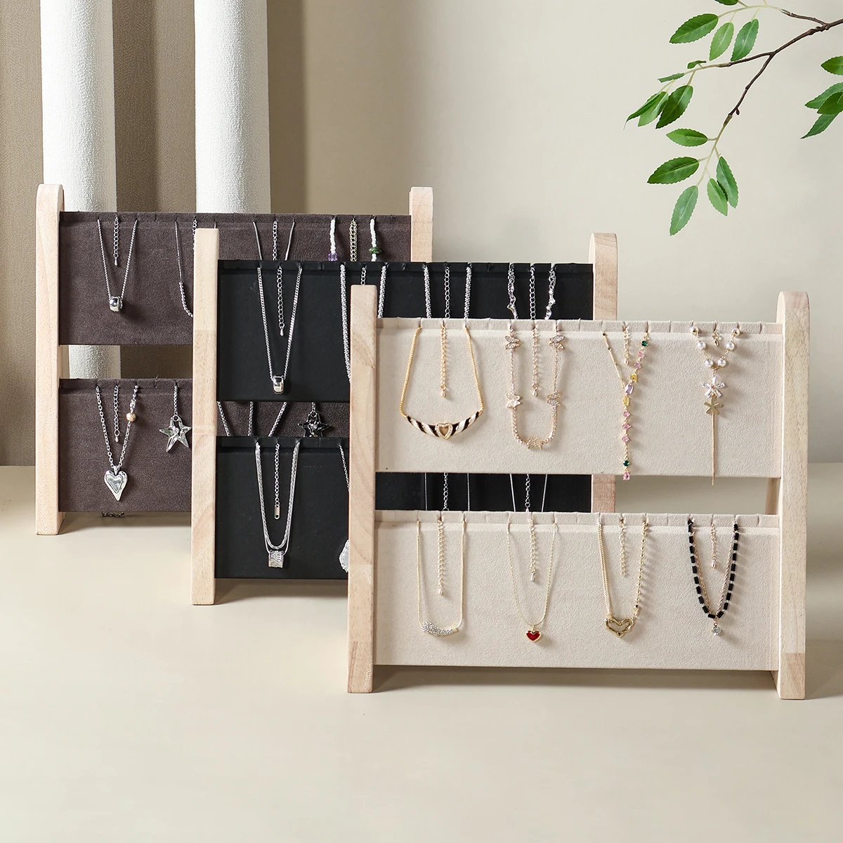 Foldable 2-Tier Sloped Wood Jewelry Display Stand – Necklace/Pendant/Bracelet Organizer with Rack & Tray (Easy Storage)