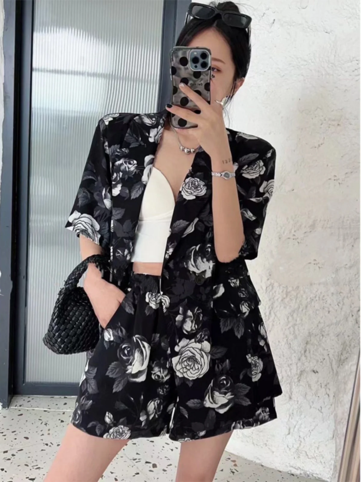 Hong Kong Style Floral Print Short Sleeve Set Women's Summer Suit Collar Thin Outerwear High Waist Wide Leg Shorts Two Piece Set