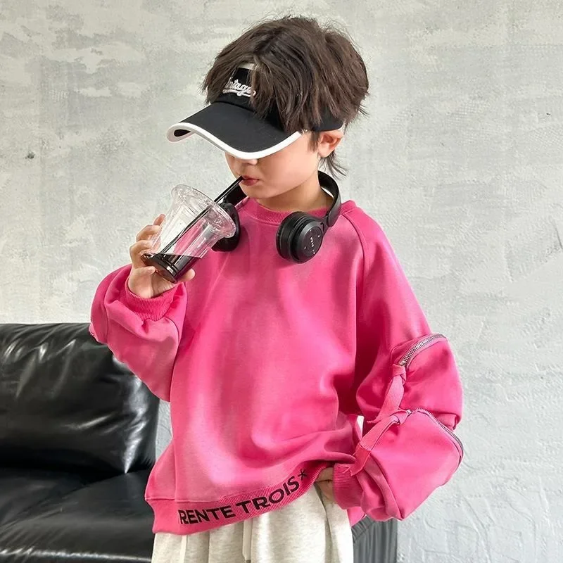 

Children's Top Pullover 2024 New Spring and Autumn Season Boys Pink Pocket Zipper Long Sleeve Handsome Korean Children's Wear