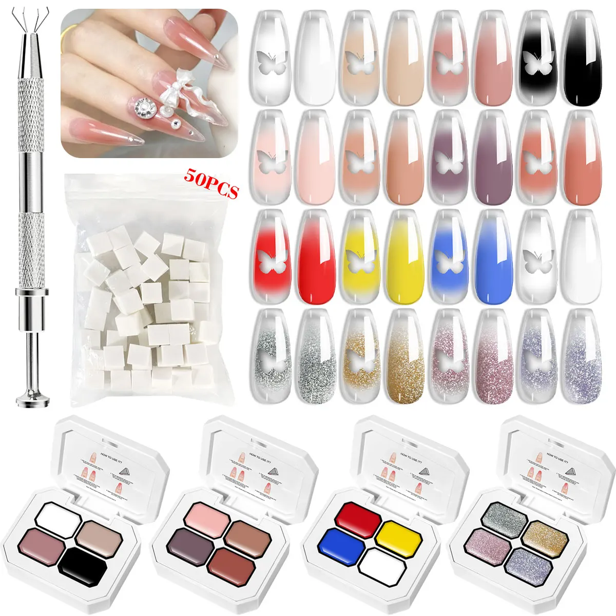 

LIMEGIRL 7IN1 Gradient Painting Gel Set Nail Art DIY 4 Color Flower Paint Engraving Gel With 50pcs sponge and Nail Grabbing Pen
