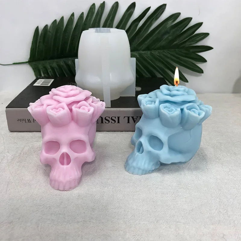 3D Roses Skull Candle Silicone Mold DIY Halloween Skull Candle Mold Candle Making Gypsum Soap Epoxy Resin Mold Gift Home Decor