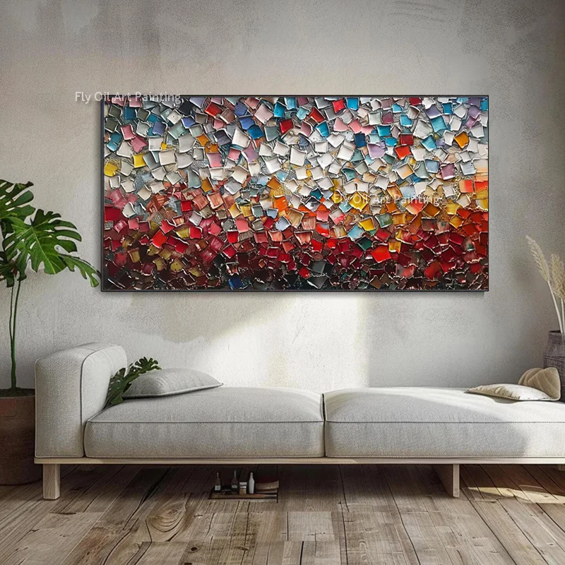 New Design Handmade Colorful Blocks Knife Thick Oil Painting On Canvas Abstract Orange Blue Wall Art Decor For Living Room Decor
