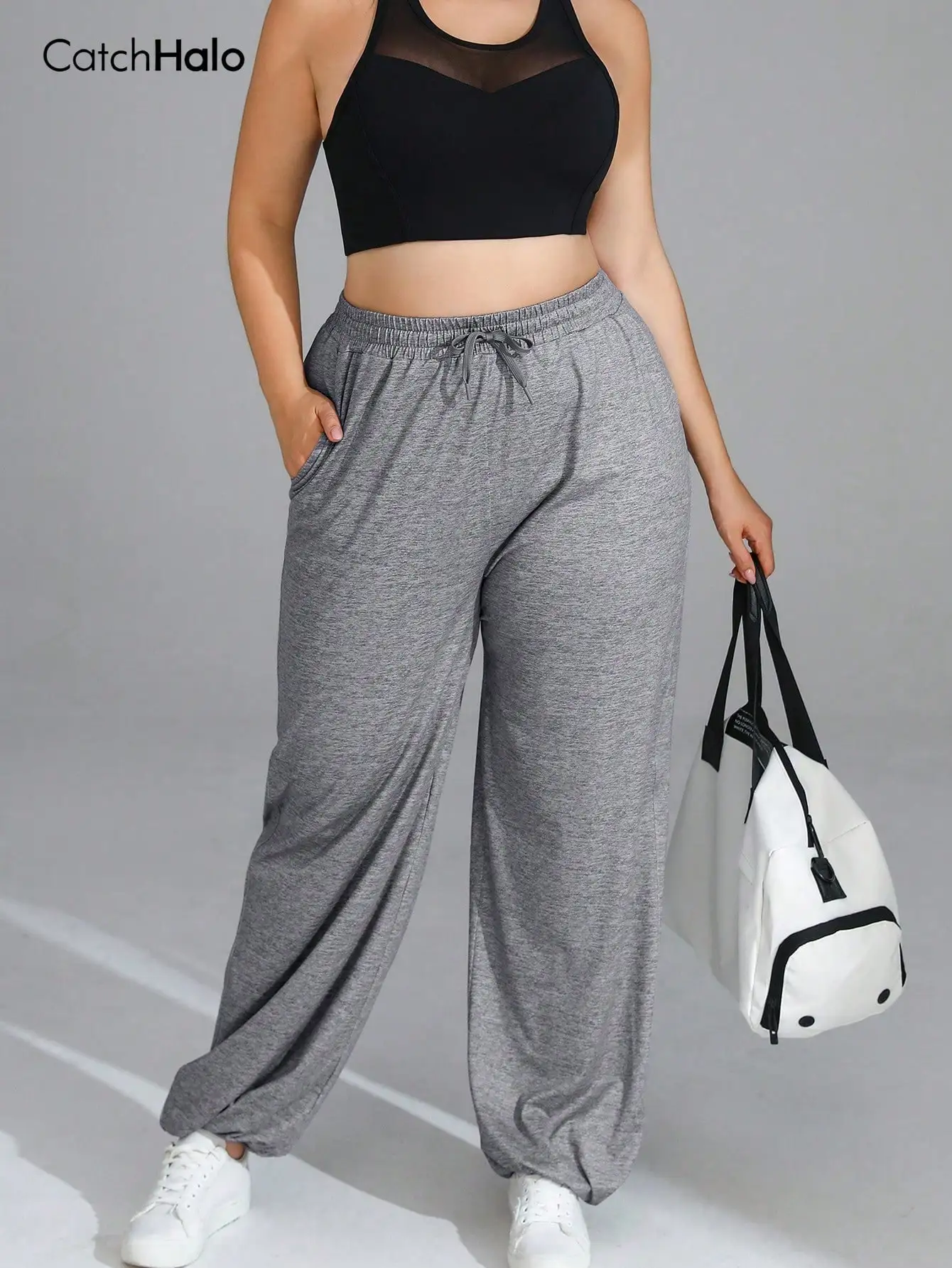 Plus size women's loose gray casual pants elastic waistband drawstring pockets soft  wide legs suitable for fitness yoga