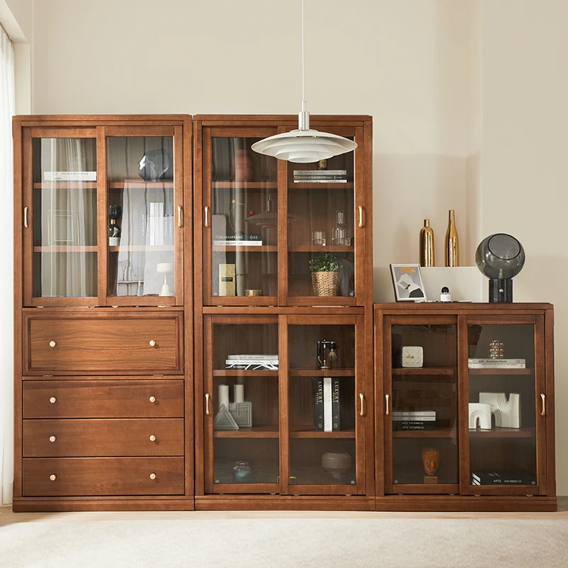 

Solid wood sliding door bookcase with glass door dustproof American combination bookshelf floor-to-ceiling living room locker st