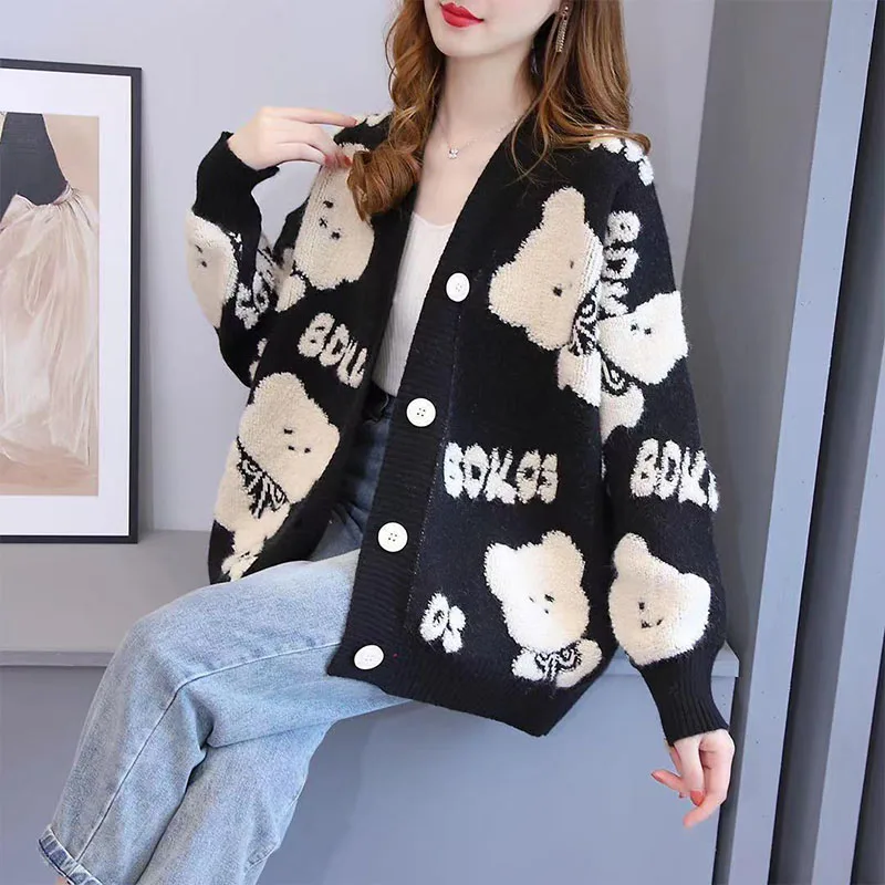 

Women Clothing Chic Y2k Letter Jacquard Loose Warm Knitted Cardigan Autumn Winter Fashion Commute V-neck Thick Sweaters