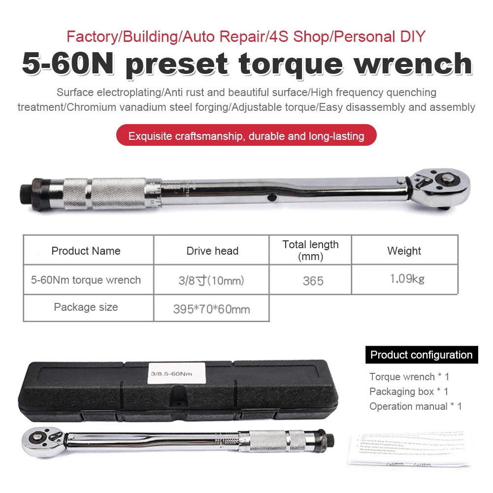 10-150N.m Torque Wrench 3/8 Inch 5-60N.m Torques Key Square Drive Reversible Ratchet Spanner Precise Preset Car Repair Tool