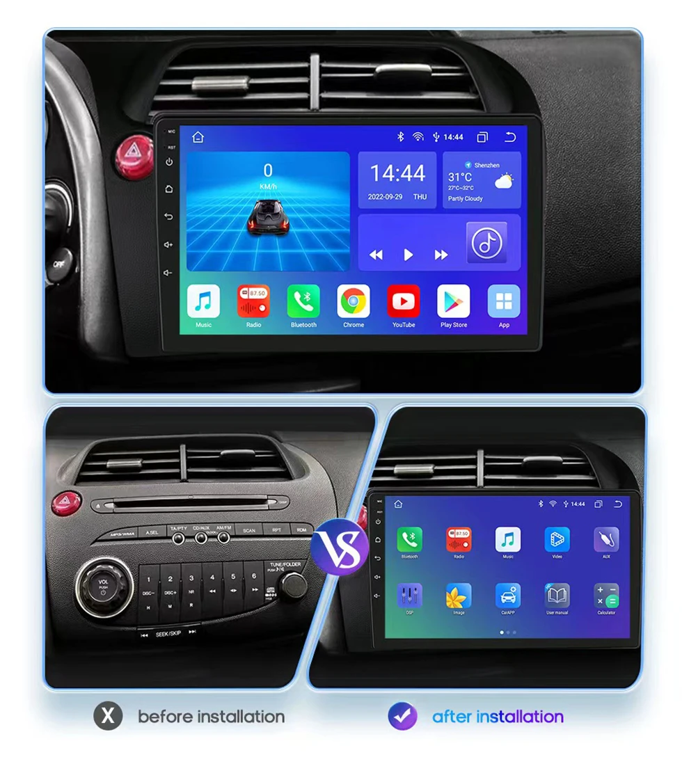 Autoradio Android 14, Navigation GPS, Carplay, Lecteur Vidéo, Stéréo, 2Din, 4G, WiFi, Limitation, Honda Civic URA Back, 2006-2010, 2011