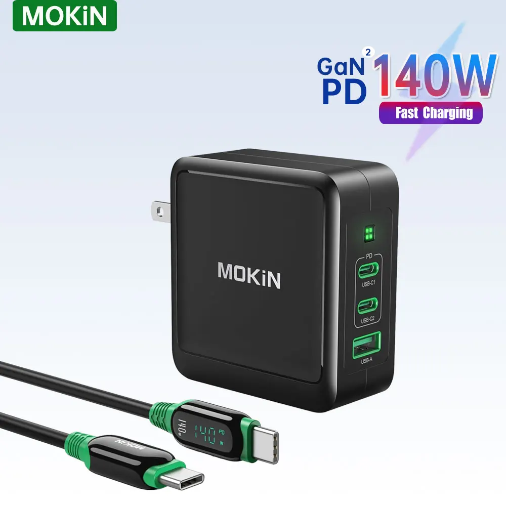 MOKiN 140W USB C Charger Block, 3-Port GaN III Wall Charger, USB C Fast Charger for MacBook Pro Lenovo Dell XPS Galaxy Book