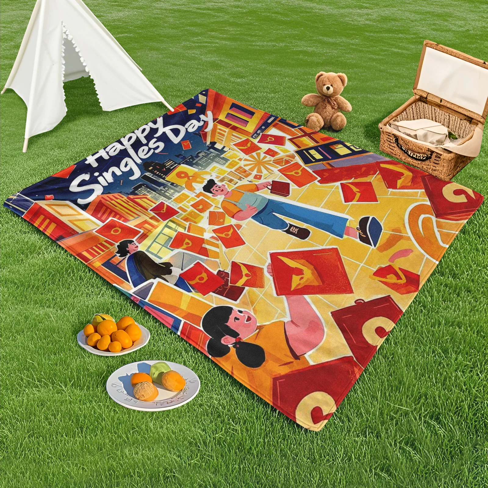Cartoon Character Street Scene With Red Envelope Design Outdoor Blanket For Camping Picnic And