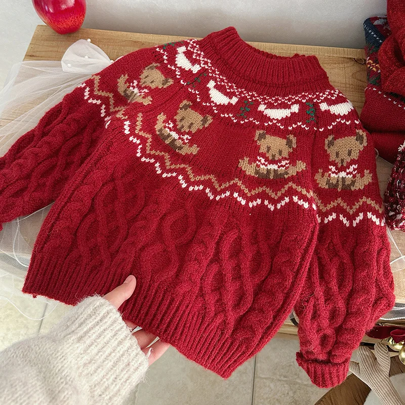 2025 Winter New Holiday Atmosphere Thick Needle Bear Pattern Cute Thick Warm Sweater