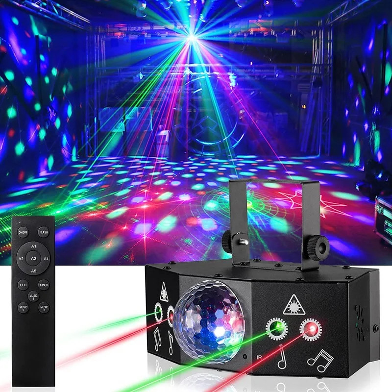 Party DJ Laser Projector Light 4 in 1 Sound Activated LED Pattern Stage Disco Strobe DMX Controlled Bar Holiday Christmas Lights