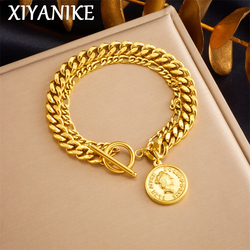 XIYANIKE 316L Stainless Steel Gold Color Round Portrait Coin Charm Bracelet for Women Fashion 2-layer Wrist Chain Jewelry Gifts