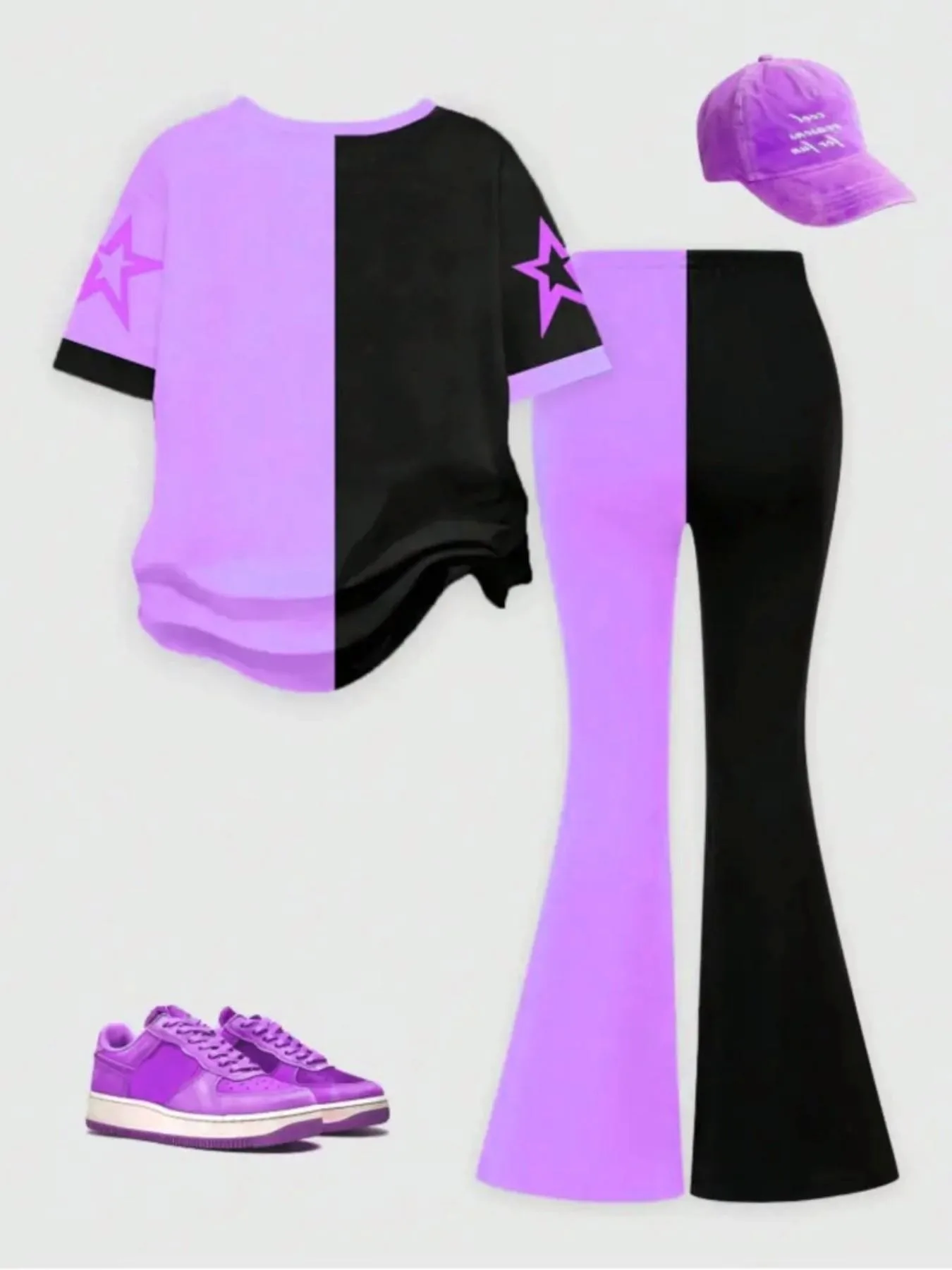 Trendiges 2-teiliges Y2K-Freizeitoutfit für Mädchen, schwarzes, lila T-Shirt mit Cartoon-Grafikdruck, gestreifte Schlaghose mit Sternen-Dekor für S – Detail 2