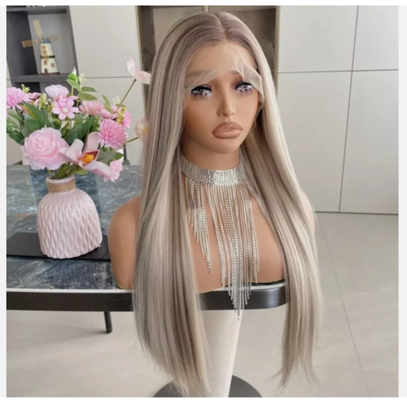 ロングストレートブロンド合成レースフロントウィッグ女性のための高品質ミックスカラーウィッグミドルパートデイリーパーティー使用ウィッグ
