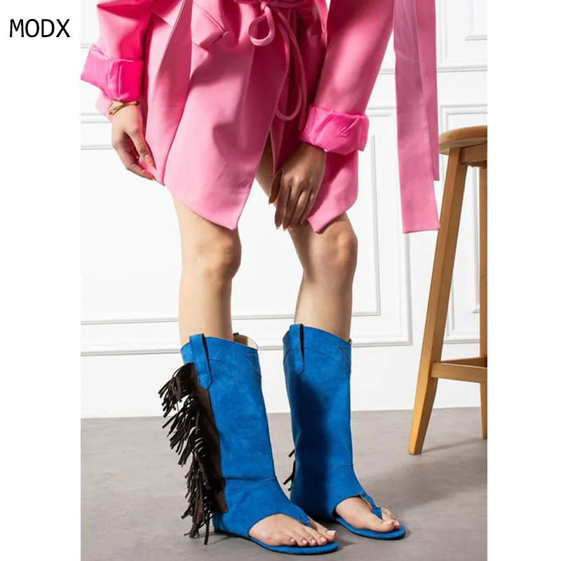 

2025 Wopmen Sandals Flock Summer Midcalf Boots Tassles Flat Heel Bohemia Big Size 44 Brown Black Strap