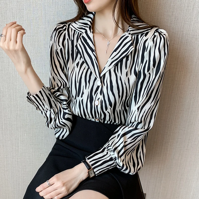 Vintage Zebra Print Chiffon Blouses Woman 2024 Spring Sexy V-Neck Long Sleeve Shirt Tops Ladies