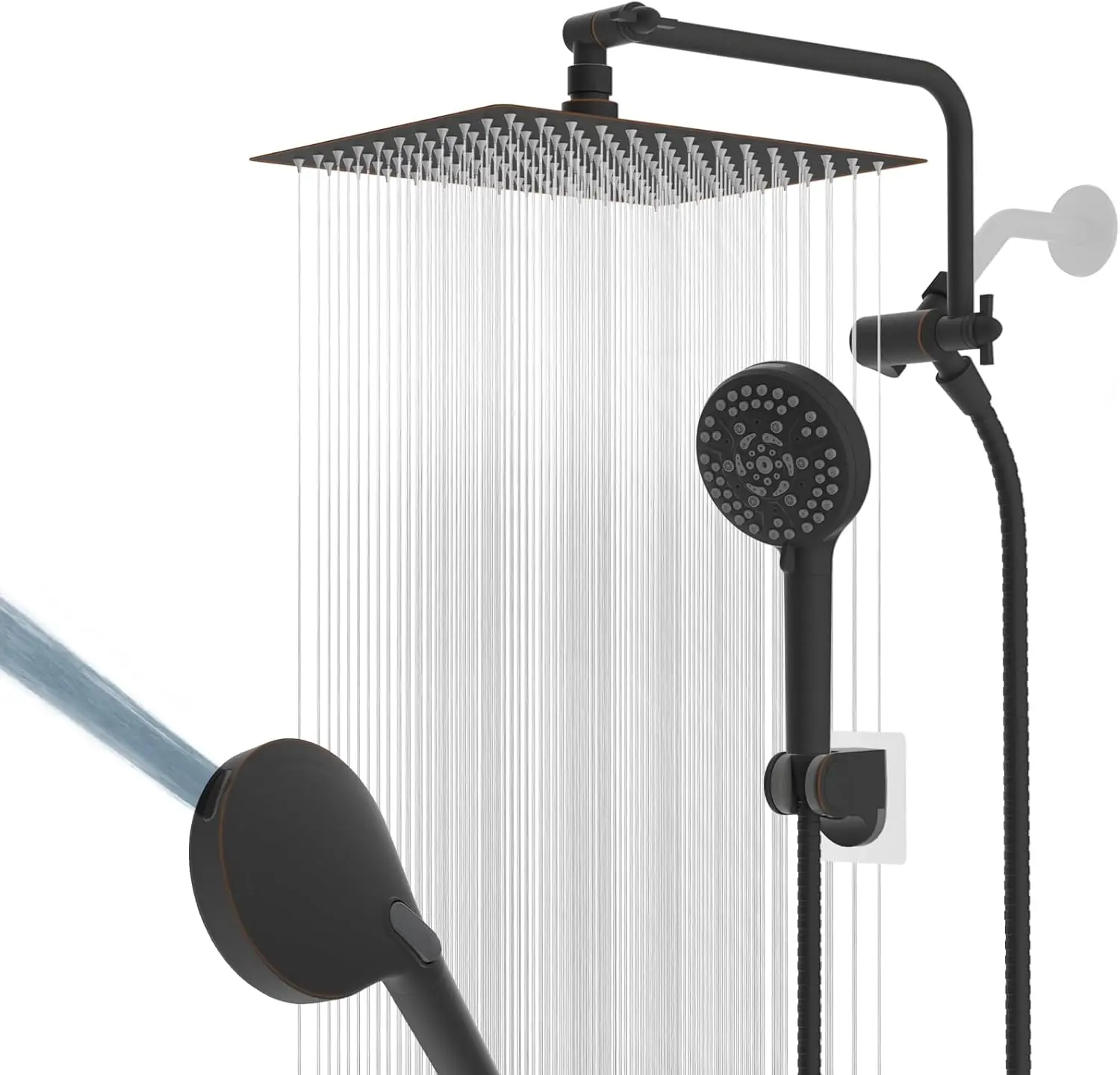 

12-дюймовый цельнометаллический душевой комплект с ручной лейкой на 10 режимов, тропическим душем, удлинительной ручкой и шлангом