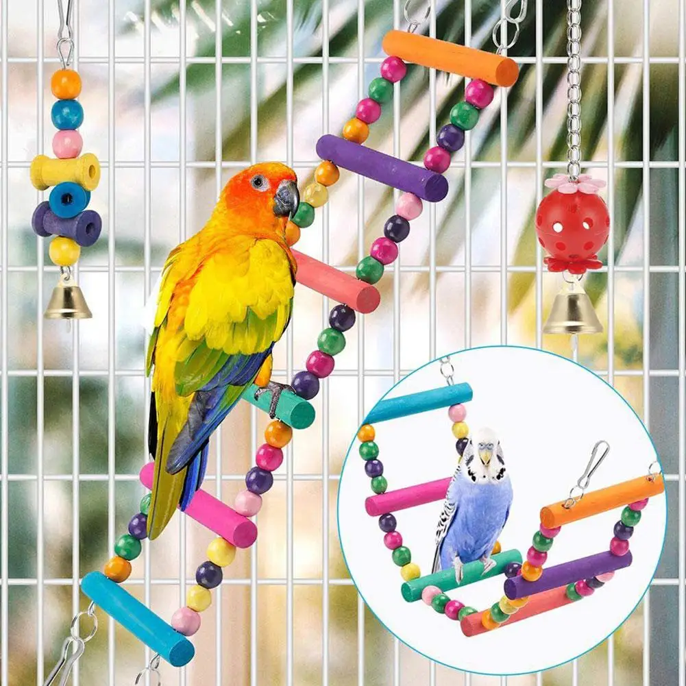 11pcs Bird Cage Toys Set For Parrots Wood Birds Swing Reliable Chewable Bite Bridge Bead-shaped Small To Medium Sized Bird Z1C0