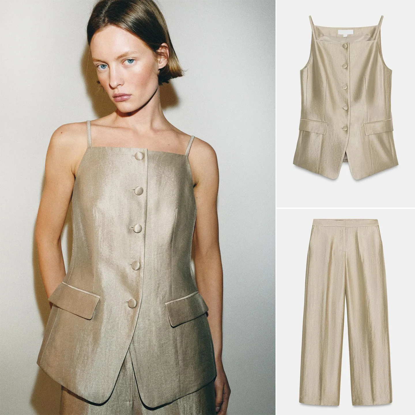 

High Waist Casual Commute Straight Leg Pants Vest 5908321 Flip Cover Pocket Slim Fit Tube Top Vest 5908221 Long Pants Polyest...