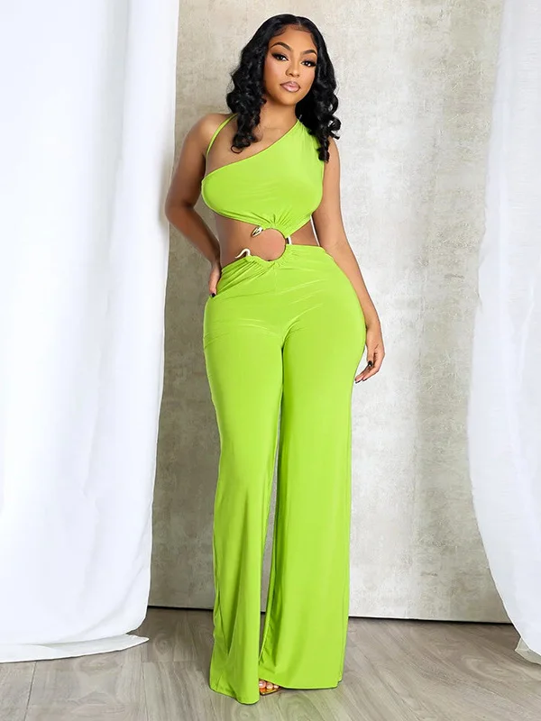 

Однотонный комбинезон с асимметричным вырезом на плече, длинными брюками и вырезами, женский модный цельный костюм с ажурным дизайном, летний...