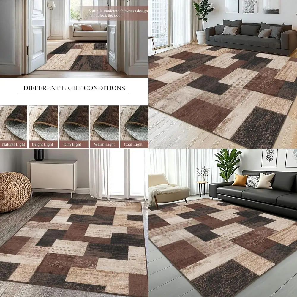 

Large Chocolate 5'x7' Geometric Patchwork Rug - Ideal for Living Room, Bedroom, Office & Dining Area on Hardwood Floors