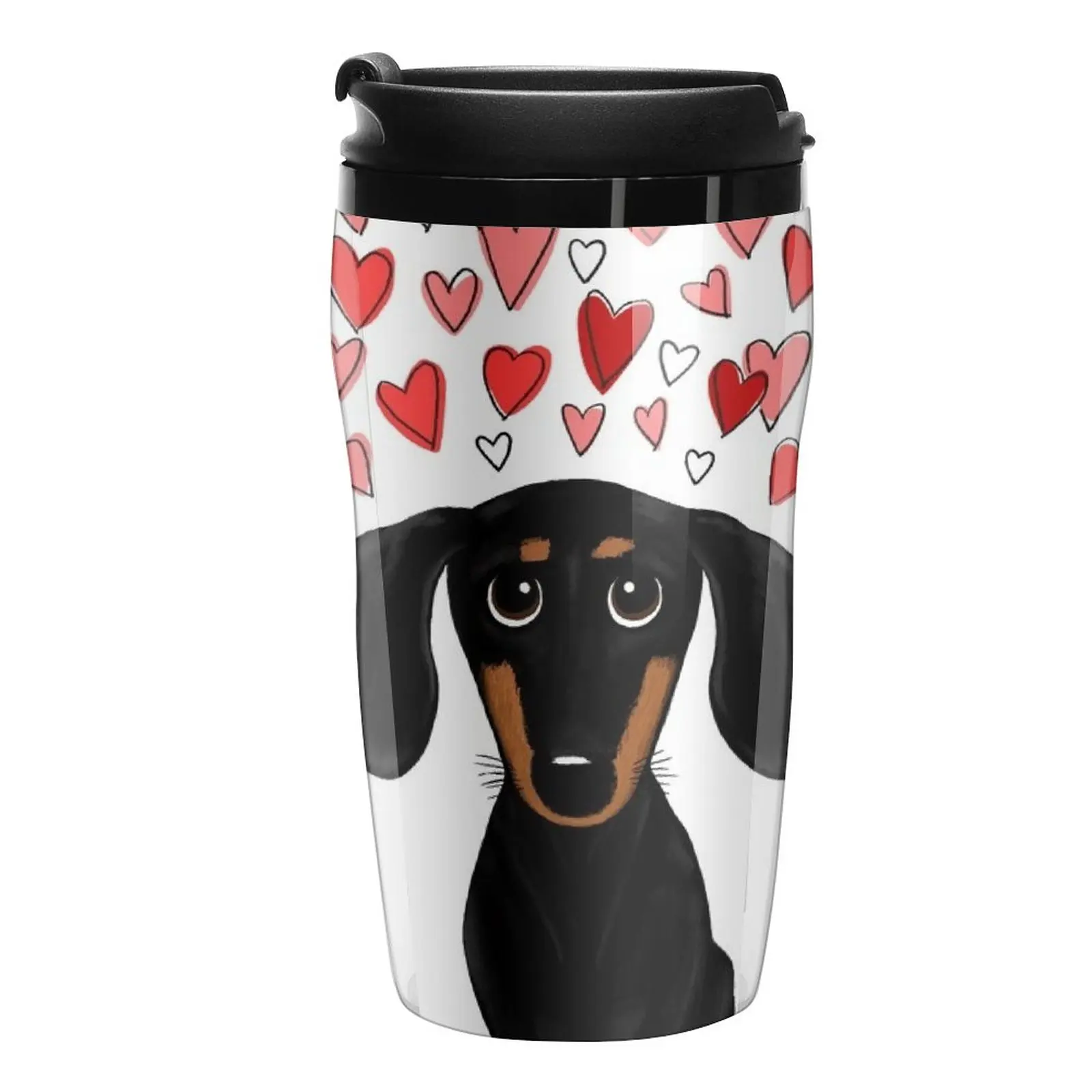 New Black and Tan Dachshund with Valentine Hearts | Cute Cartoon Wiener Dog Travel Coffee Mug Coffe Cup Glasses For Coffee