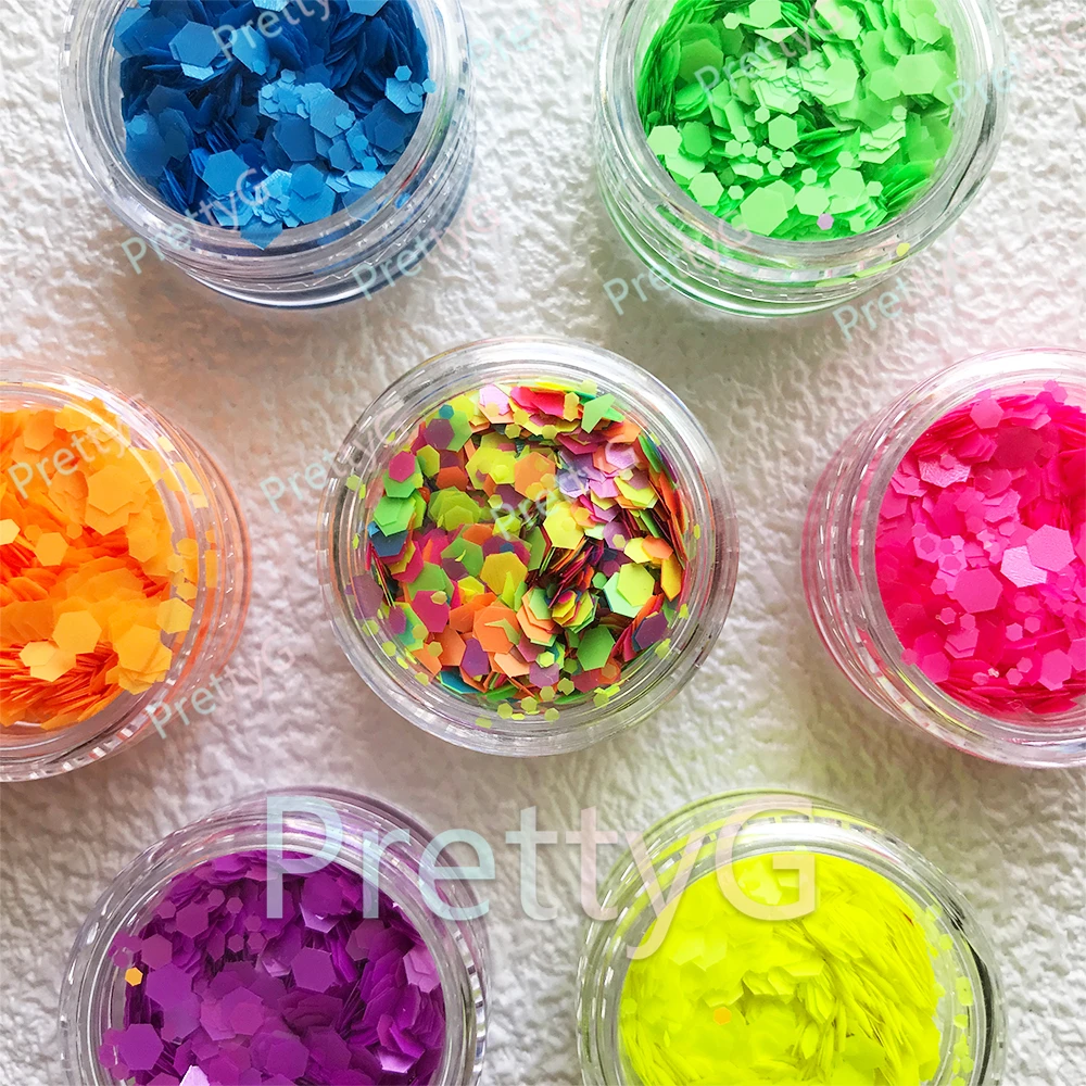 PrettyG 6-Color Set Box Neon 123mm Hexagon Chunky Mixes Glitter Fluorescent Glitter Luminous Sequins For Nail Art Decoration