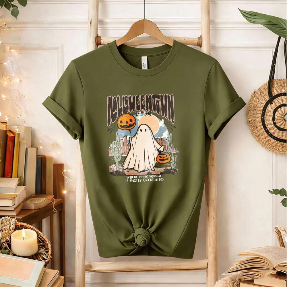 Halloweentown Retro Ghost Graphic T‑Shirt Cute Ghost Pumpkin Balloon Cactus Desert Sunset Vintage Spooky Fall Halloween Tops Tee