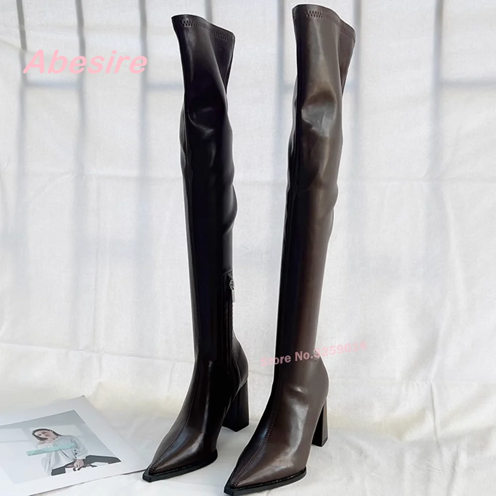 Pointed Over The Knee Long Boots Women's Winter White Slim Leg High Sleeve Boots Thick Heel Knight Long Sleeve Boots Black Zip