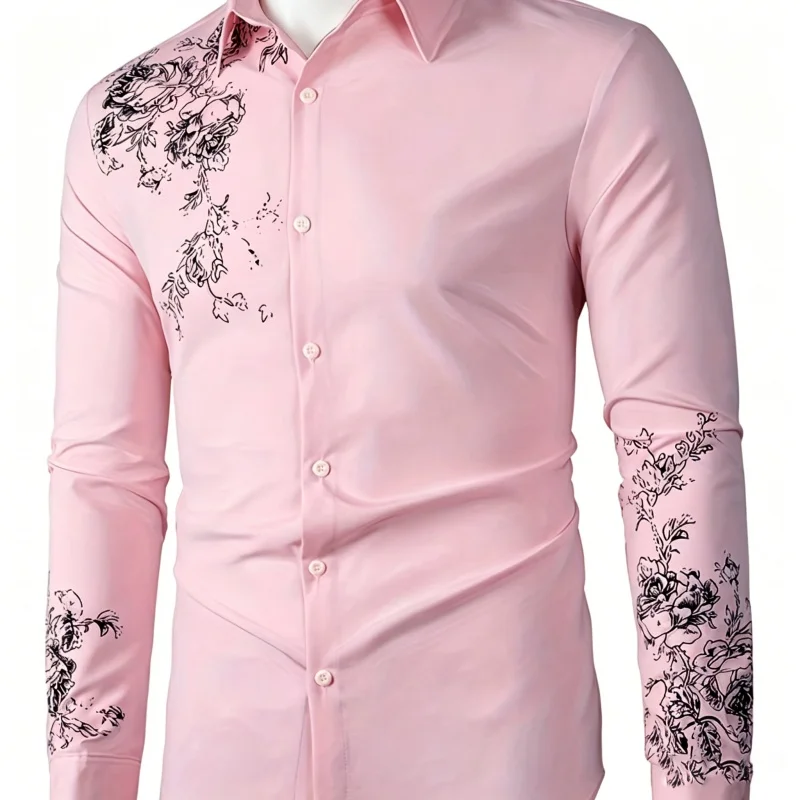 Luxury Black Floral Pattern Men Shirt Lightweight Stretch Long Sleeve Business Casual Top