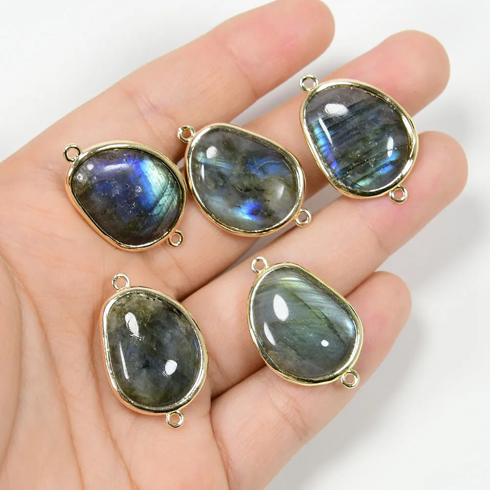 APDGG 5 Pcs Natural Labradorite Smooth Double Bail 24K Gold Plated Bezel Sets Connector Pearl Necklace Pendant Jewelry DIY