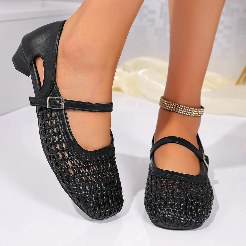 2025 Net Flat Fashion Sandals New Summer Round Head Breathable Non-slip Line Button Mary Jane Fishnet Shoes Ladies Shoes
