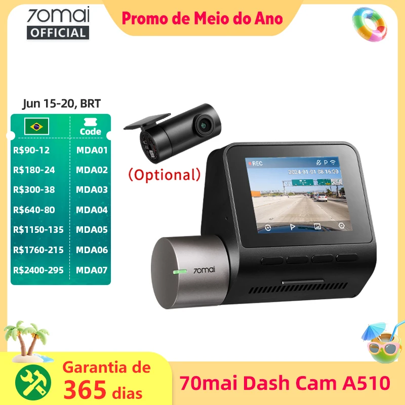 70mai Dash Cam A510 1944P HDR GPS ADAS 4G Conectividade 70mai 4G Front Cam A510 Carro DVR 24H Suporte de Estacionamento Cam Traseira