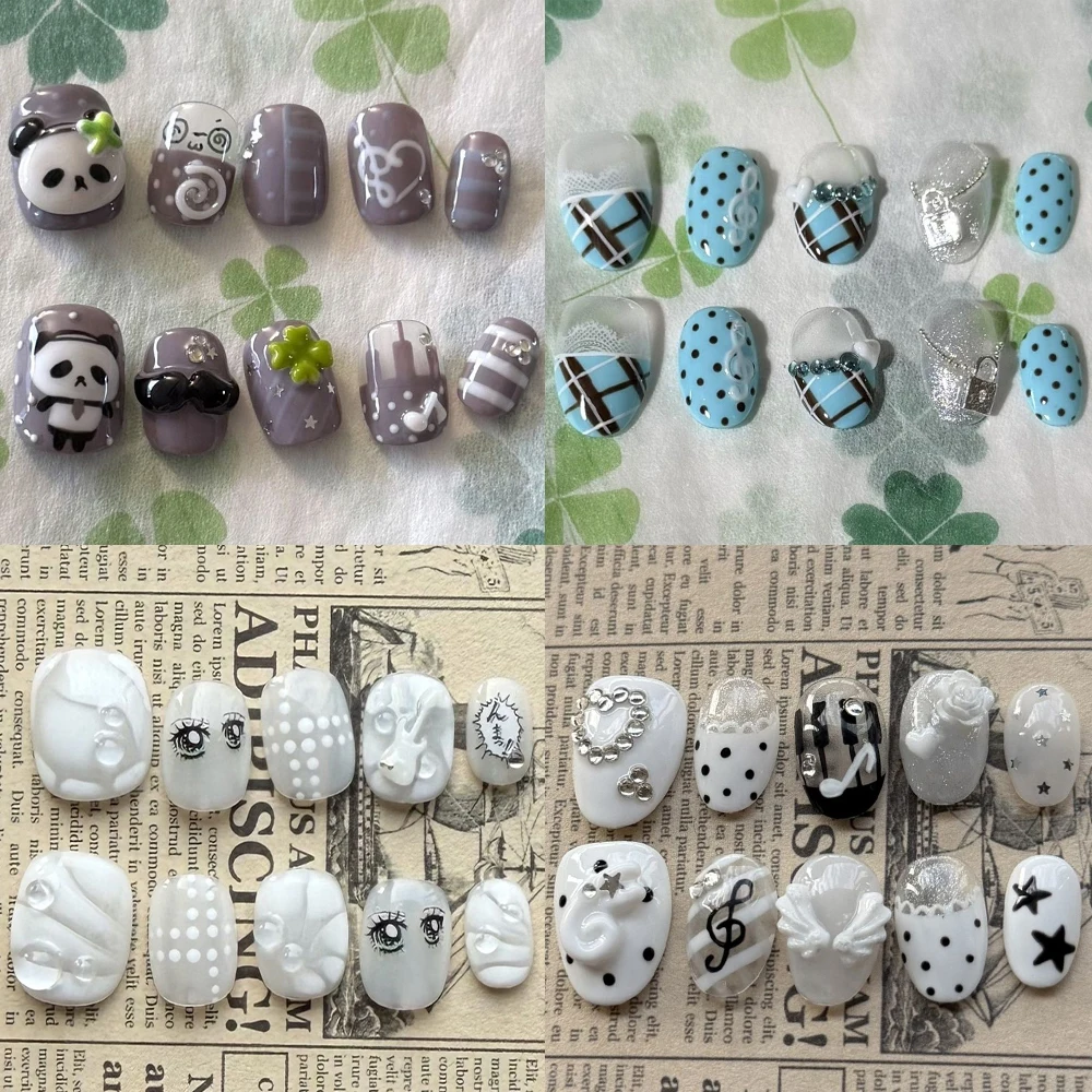 Y2K Kawaii Handmande Short Square Almond Reusable Press On Nails Wings Musical Notes Polka Point Diamond Flower Pearl False Nail