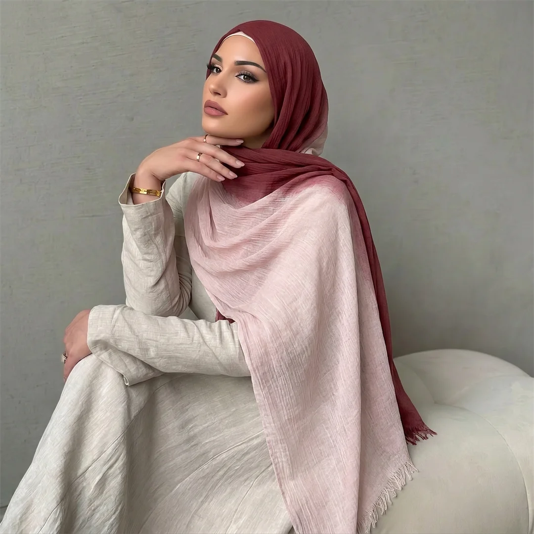 Gradient Two Tone Rayon Hijab Scarf Fringe Soft Light Muslim Women Headscarf Wrap Breathable Boho Daily Islamic Turban Shawl view 3