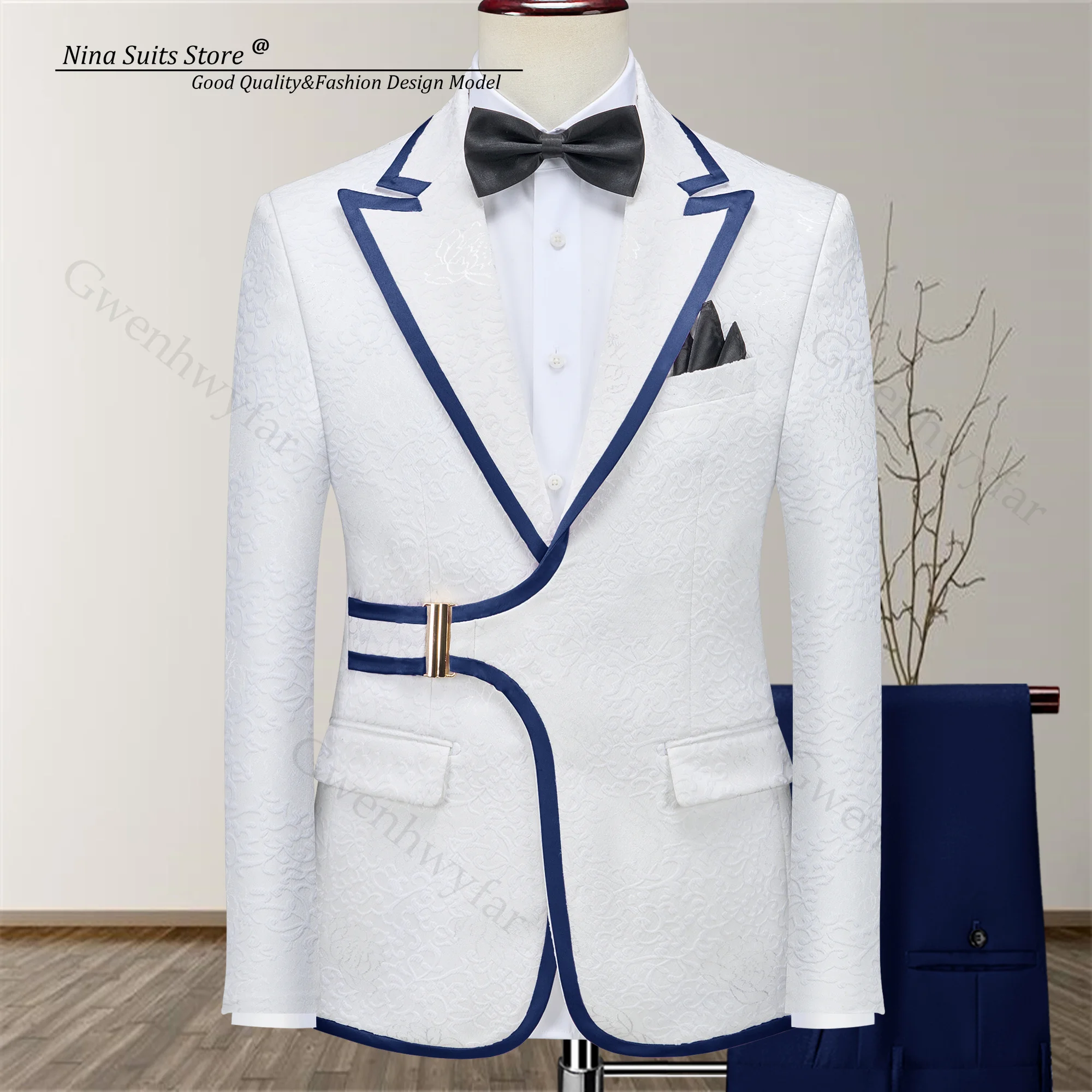 

Gwenhwyfar 2026 New Arrival Men Party Suits White Jacqaurd Jacket with Shiny Satin Trim and Pants Gold Buckle Men Blazer Set