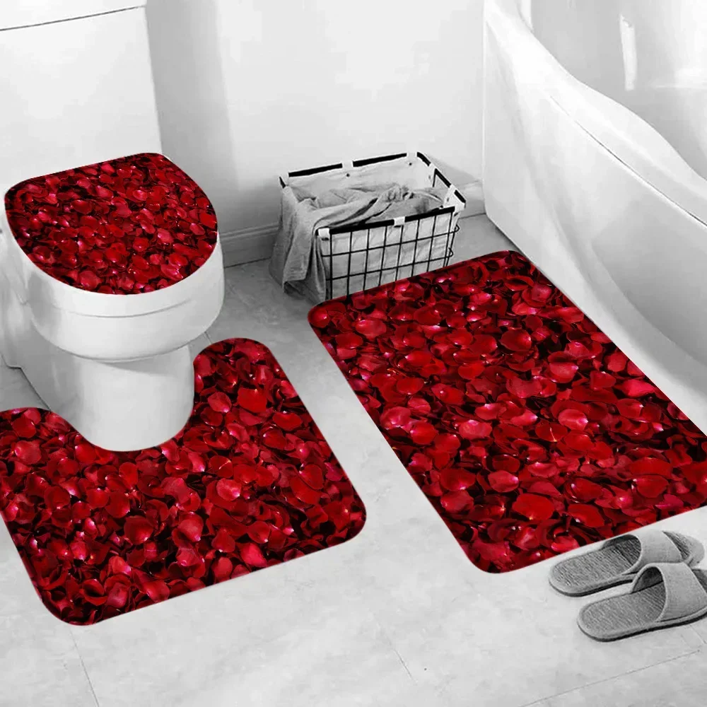 Red Rose Flower Bath Mat Set Fresh Florals Fields and Garden Plant Non-slip Toilet Lid Foot Rug Floor Mat Bathroom Accessory Set