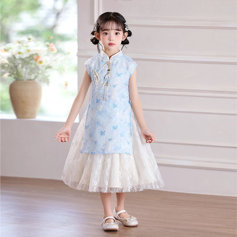 2025 letnia nowa chińska spódnica Cheongsam urocza księżniczka sukienki na imprezę Qipao kostiumy dla dziewczynek prezent urodzinowy dla dzieci noworoczne ubrania