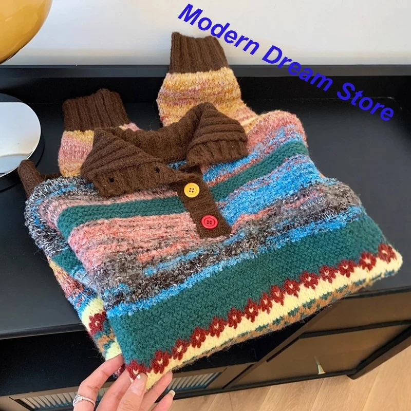 French Retro Color Contrast Lapel Pullover Women's Autumn and Winter New Fashion Lazy Wind Loose Slim Joker Wear Knitted Tops.