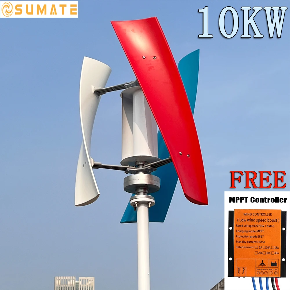 Gerador de Turbina Eólica de Energia Pequeno Moinho de Vento Vertical Alternador Elétrico com Controlador Mppt 10000w 12v 24v 48v 10kw