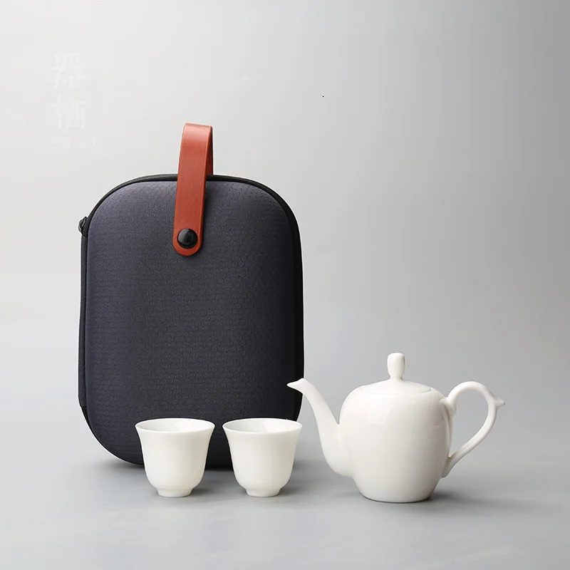 

Белый нефритовый белый фарфоровый чайник, дорожный чайный сервиз, керамический один горшок, два чашки, портативный чайный сервиз кунг-фу, белый фарфор Dehua