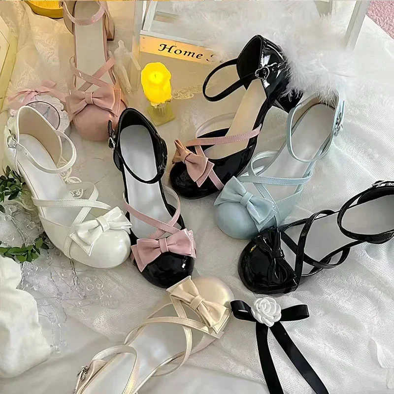 Spring Summer New Product Mary Jane Lo Lolita Jkfashion Shoes Bow Cross Strap Hollow Student Baotou Hanfu Sandals Round Toe