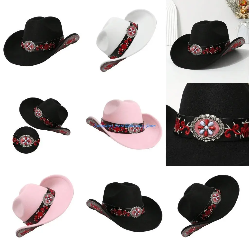 

573B Embroidery Cowboy Hat Bowler Hat Music Festival Sun Hat Adult Ethnic Headwear