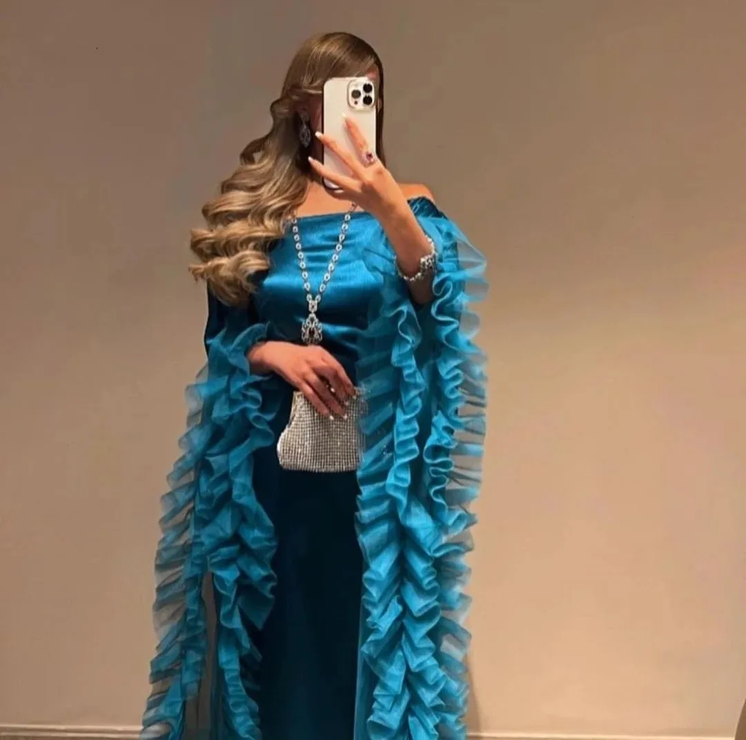 Flora Jurk Elegante Blauwe Zoete Pauw Ruches Lange Mouwen Van De Schouder Vloer-Lengte Zeemeermin Prom Dress Avondfeestjurken