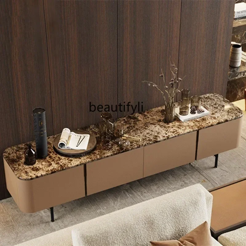 B178 Smoked oak TV cabinet Modern light luxury imported saddle leather living room marble surface low cabinet2936
