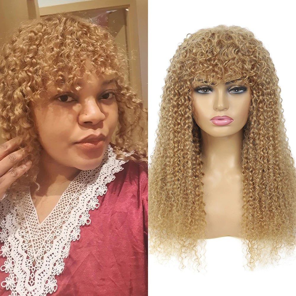 

Blonde 27 Kinky Curly Hair Wigs With Bangs Brazilian 9A Remy Human Hair Full Machine Jerry Curl Ombre Wigs 6-24Inch 150%EUPHORIA