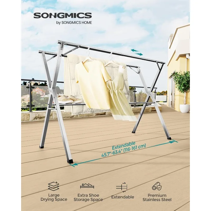 Clothes Drying Rack, Heavy-Duty Laundry Drying Rack, 45.7-63.4 Inches Extendable, Foldable Freestanding Airer, Stainles