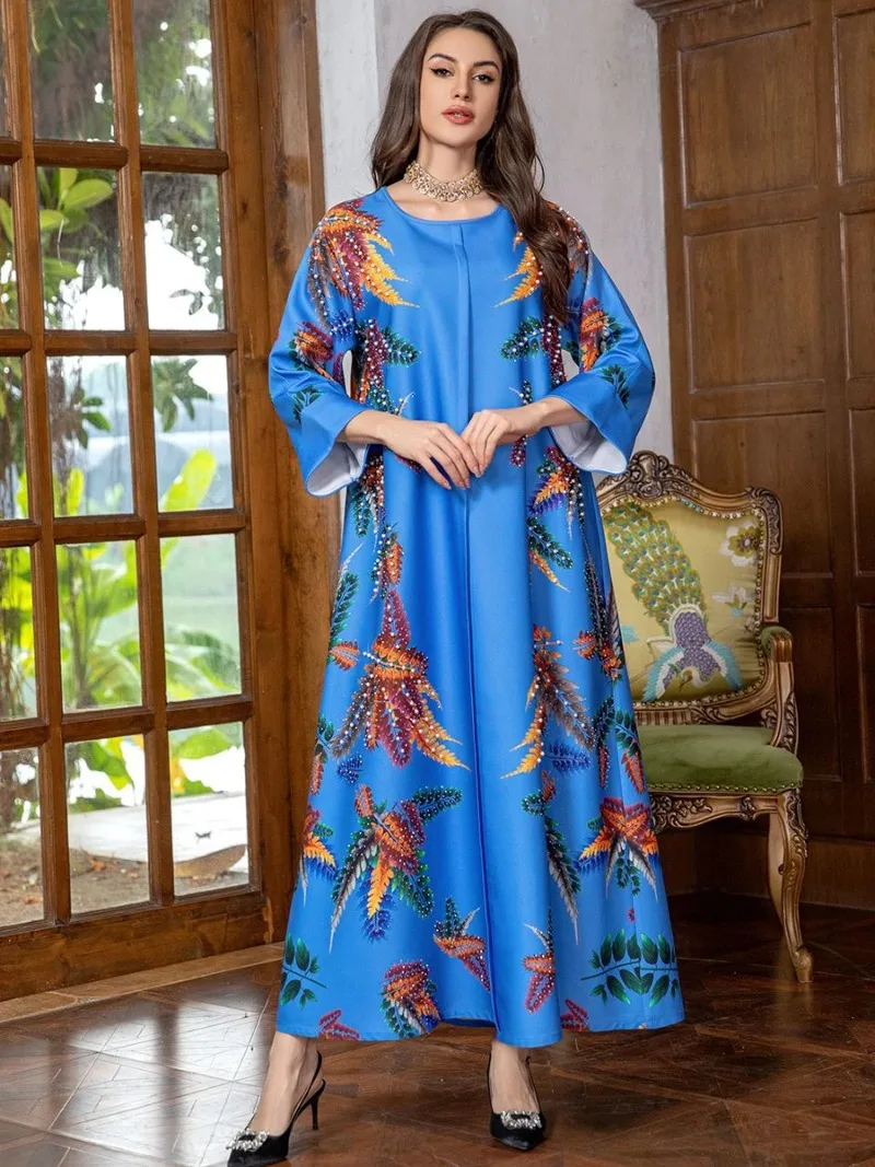 

Ramadan Muslim Women Oriental Dresses Arab Fashion Dubai Printing Beading Casual Abayas Jalabiyat Moroccan Saudi Kaftan